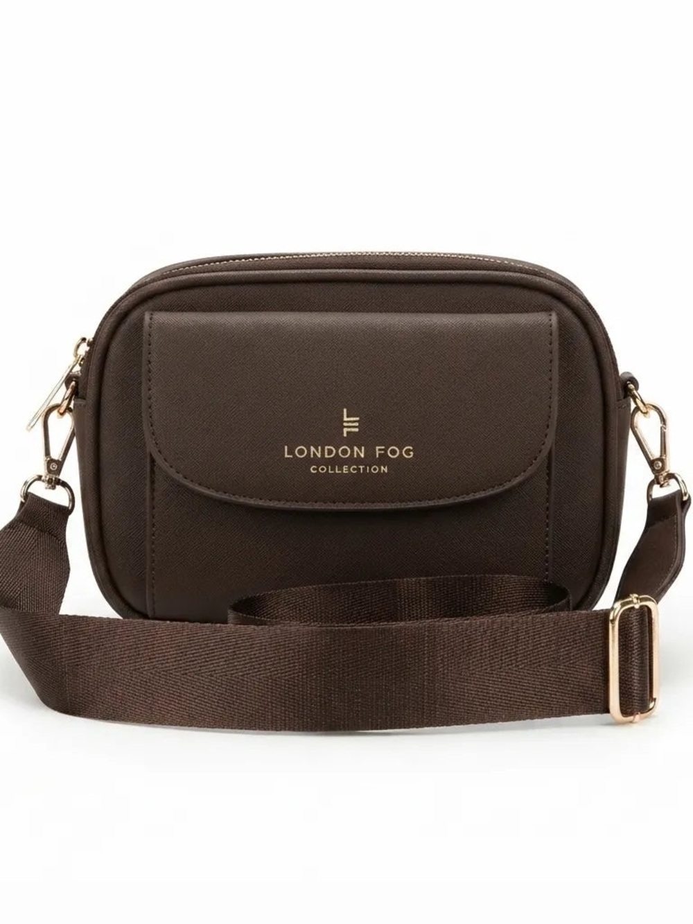 London Fog Brown Crossbody Belt Bag with Gold Hardware